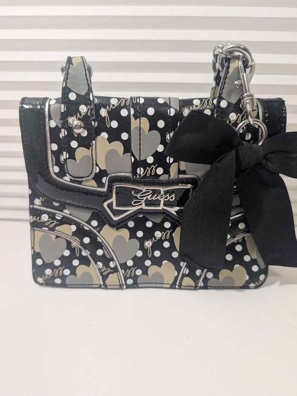 GUESS Vintage Heart Polka Dot Mini Bag Black Silver & Gold Bow Y2K